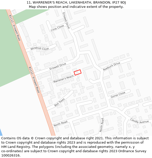 11, WARRENER'S REACH, LAKENHEATH, BRANDON, IP27 9DJ: Location map and indicative extent of plot