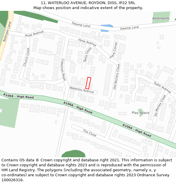 11, WATERLOO AVENUE, ROYDON, DISS, IP22 5RL: Location map and indicative extent of plot