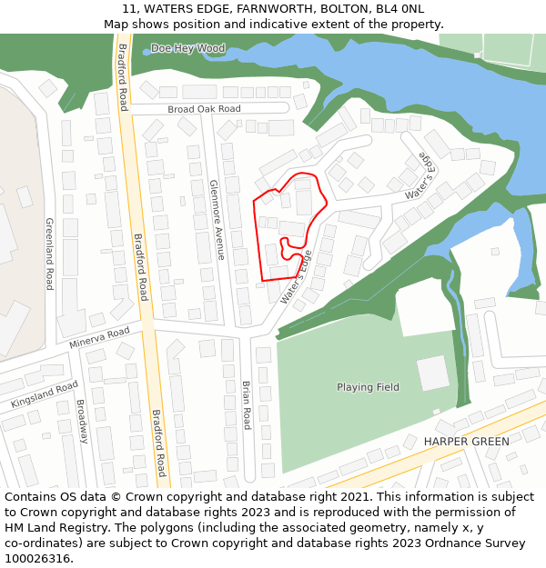 11, WATERS EDGE, FARNWORTH, BOLTON, BL4 0NL: Location map and indicative extent of plot