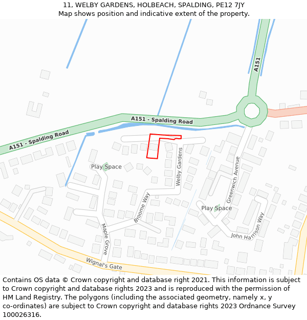 11, WELBY GARDENS, HOLBEACH, SPALDING, PE12 7JY: Location map and indicative extent of plot