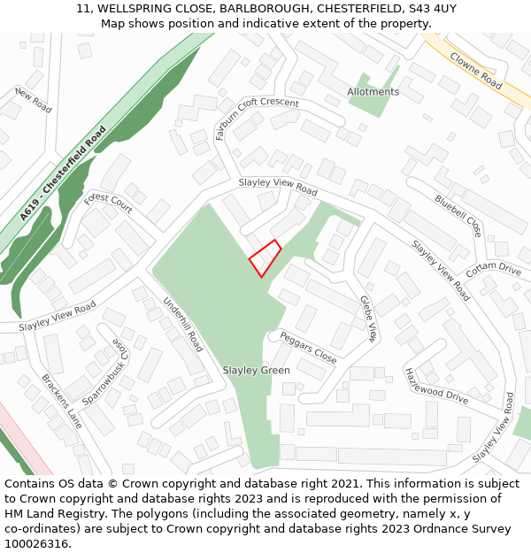 11, WELLSPRING CLOSE, BARLBOROUGH, CHESTERFIELD, S43 4UY: Location map and indicative extent of plot