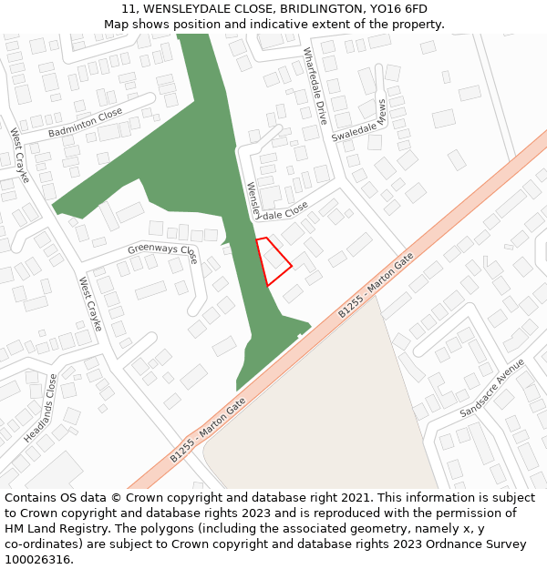 11, WENSLEYDALE CLOSE, BRIDLINGTON, YO16 6FD: Location map and indicative extent of plot