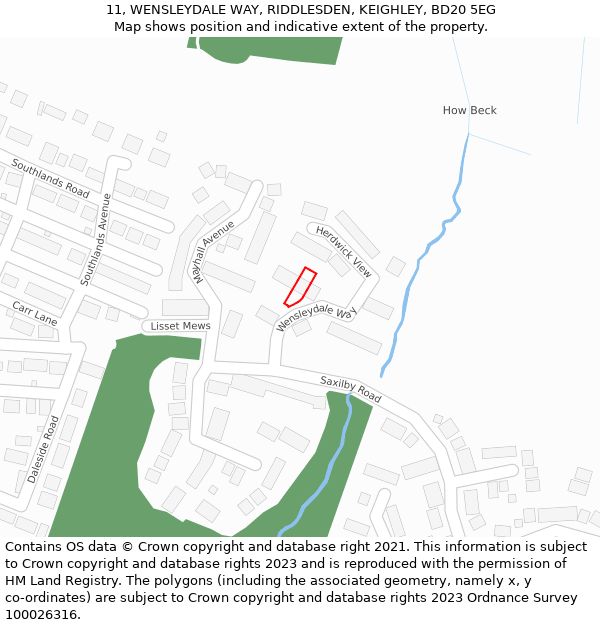 11, WENSLEYDALE WAY, RIDDLESDEN, KEIGHLEY, BD20 5EG: Location map and indicative extent of plot