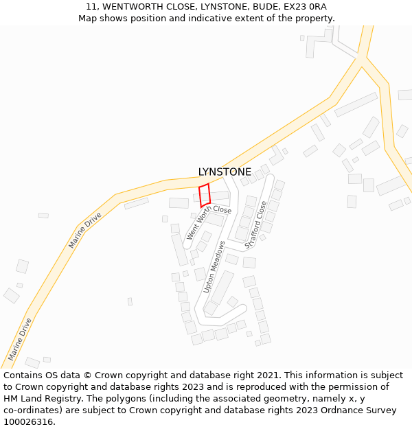 11, WENTWORTH CLOSE, LYNSTONE, BUDE, EX23 0RA: Location map and indicative extent of plot