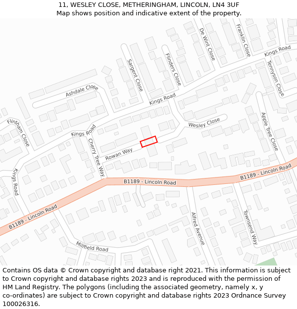 11, WESLEY CLOSE, METHERINGHAM, LINCOLN, LN4 3UF: Location map and indicative extent of plot