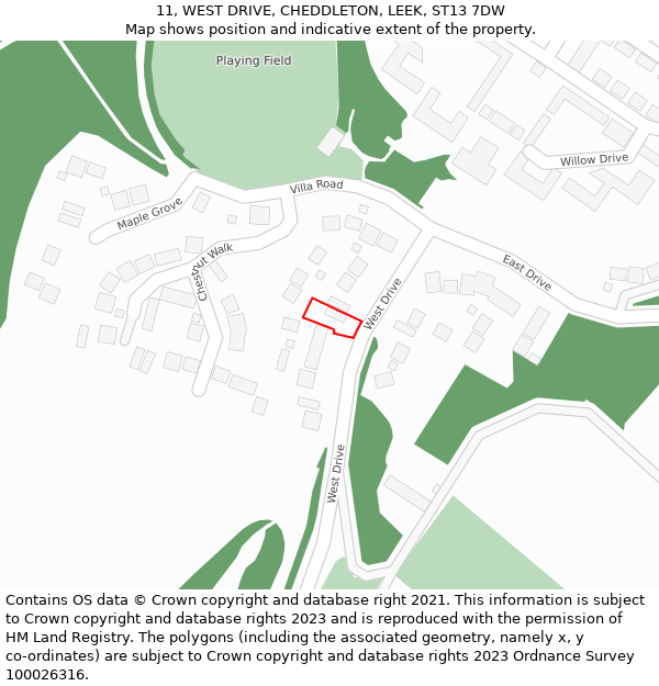 11, WEST DRIVE, CHEDDLETON, LEEK, ST13 7DW: Location map and indicative extent of plot