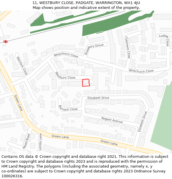 11, WESTBURY CLOSE, PADGATE, WARRINGTON, WA1 4JU: Location map and indicative extent of plot