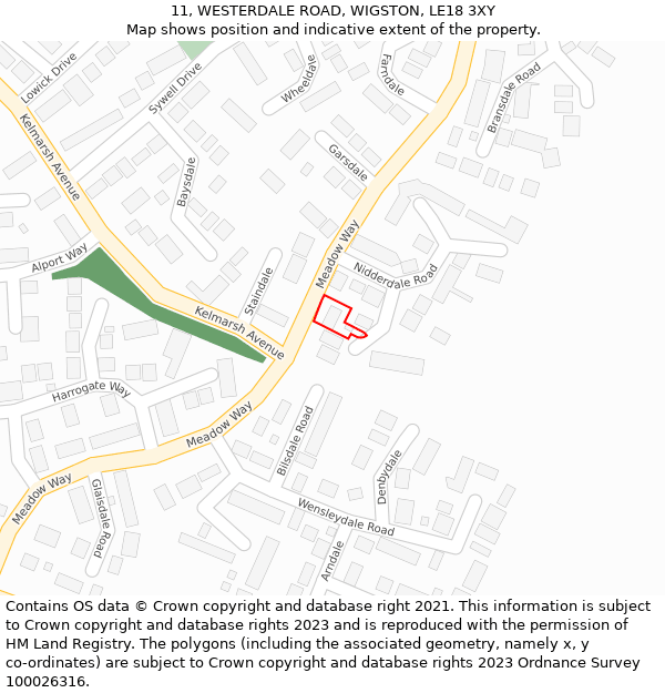 11, WESTERDALE ROAD, WIGSTON, LE18 3XY: Location map and indicative extent of plot