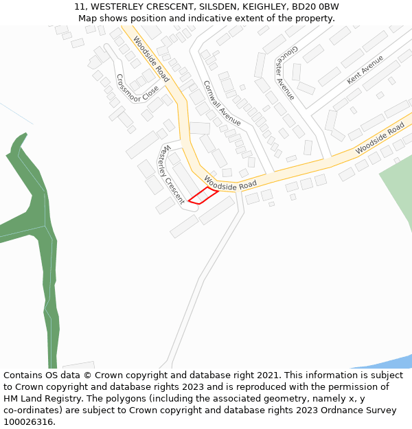 11, WESTERLEY CRESCENT, SILSDEN, KEIGHLEY, BD20 0BW: Location map and indicative extent of plot