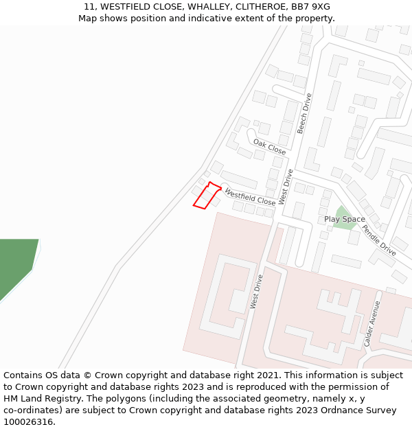 11, WESTFIELD CLOSE, WHALLEY, CLITHEROE, BB7 9XG: Location map and indicative extent of plot