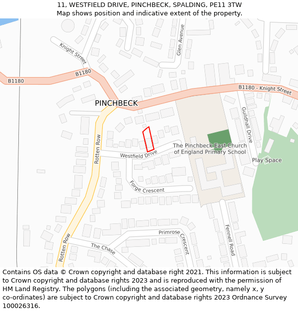 11, WESTFIELD DRIVE, PINCHBECK, SPALDING, PE11 3TW: Location map and indicative extent of plot