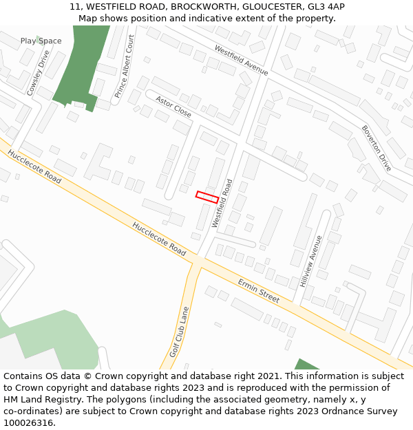 11, WESTFIELD ROAD, BROCKWORTH, GLOUCESTER, GL3 4AP: Location map and indicative extent of plot