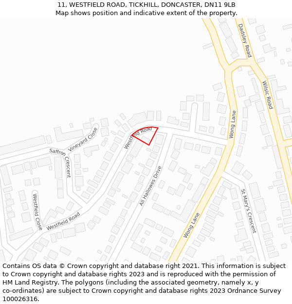 11, WESTFIELD ROAD, TICKHILL, DONCASTER, DN11 9LB: Location map and indicative extent of plot