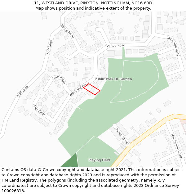 11, WESTLAND DRIVE, PINXTON, NOTTINGHAM, NG16 6RD: Location map and indicative extent of plot