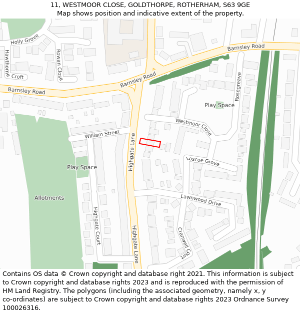 11, WESTMOOR CLOSE, GOLDTHORPE, ROTHERHAM, S63 9GE: Location map and indicative extent of plot