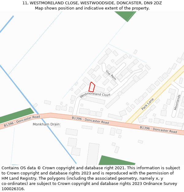 11, WESTMORELAND CLOSE, WESTWOODSIDE, DONCASTER, DN9 2DZ: Location map and indicative extent of plot