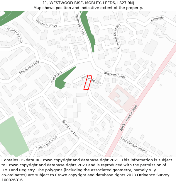 11, WESTWOOD RISE, MORLEY, LEEDS, LS27 9NJ: Location map and indicative extent of plot