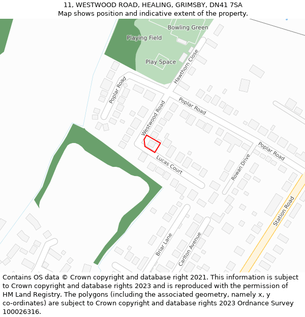 11, WESTWOOD ROAD, HEALING, GRIMSBY, DN41 7SA: Location map and indicative extent of plot