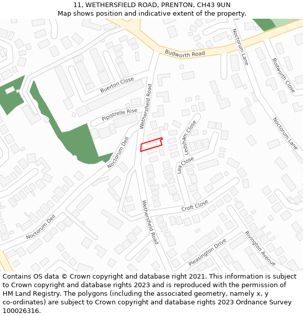 11, WETHERSFIELD ROAD, PRENTON, CH43 9UN: Location map and indicative extent of plot