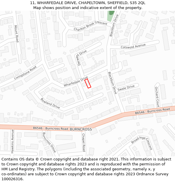 11, WHARFEDALE DRIVE, CHAPELTOWN, SHEFFIELD, S35 2QL: Location map and indicative extent of plot