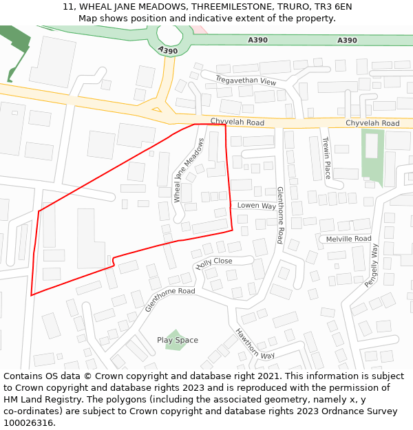 11, WHEAL JANE MEADOWS, THREEMILESTONE, TRURO, TR3 6EN: Location map and indicative extent of plot