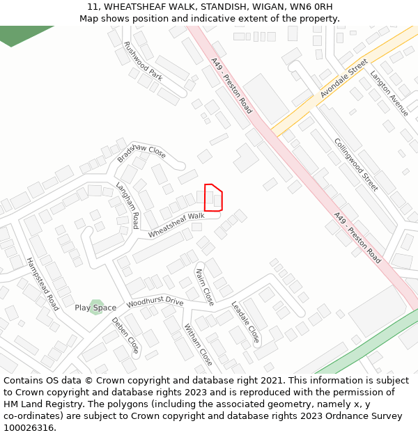 11, WHEATSHEAF WALK, STANDISH, WIGAN, WN6 0RH: Location map and indicative extent of plot