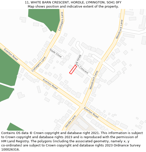 11, WHITE BARN CRESCENT, HORDLE, LYMINGTON, SO41 0FY: Location map and indicative extent of plot