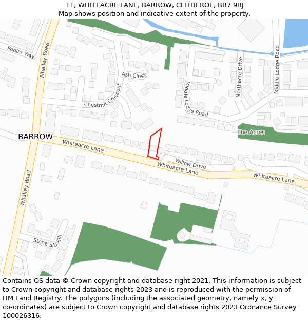 11, WHITEACRE LANE, BARROW, CLITHEROE, BB7 9BJ: Location map and indicative extent of plot