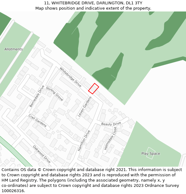 11, WHITEBRIDGE DRIVE, DARLINGTON, DL1 3TY: Location map and indicative extent of plot