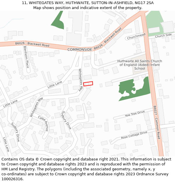 11, WHITEGATES WAY, HUTHWAITE, SUTTON-IN-ASHFIELD, NG17 2SA: Location map and indicative extent of plot