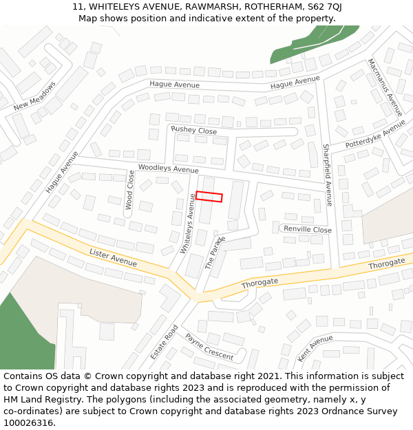 11, WHITELEYS AVENUE, RAWMARSH, ROTHERHAM, S62 7QJ: Location map and indicative extent of plot