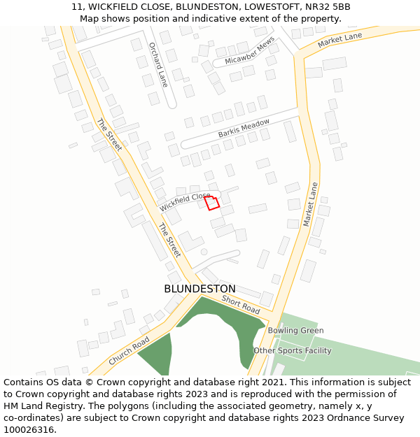 11, WICKFIELD CLOSE, BLUNDESTON, LOWESTOFT, NR32 5BB: Location map and indicative extent of plot