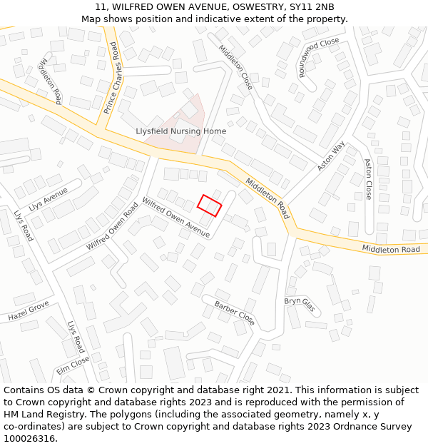 11, WILFRED OWEN AVENUE, OSWESTRY, SY11 2NB: Location map and indicative extent of plot