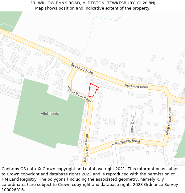 11, WILLOW BANK ROAD, ALDERTON, TEWKESBURY, GL20 8NJ: Location map and indicative extent of plot