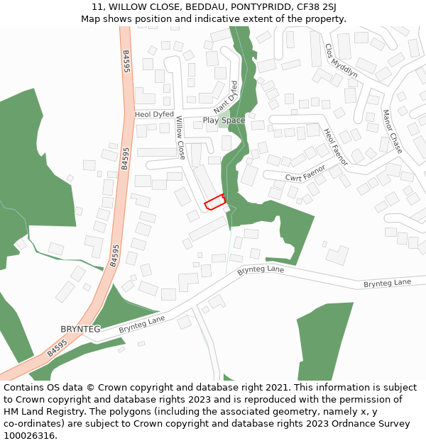 11, WILLOW CLOSE, BEDDAU, PONTYPRIDD, CF38 2SJ: Location map and indicative extent of plot