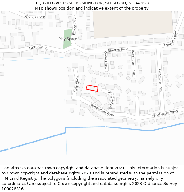 11, WILLOW CLOSE, RUSKINGTON, SLEAFORD, NG34 9GD: Location map and indicative extent of plot