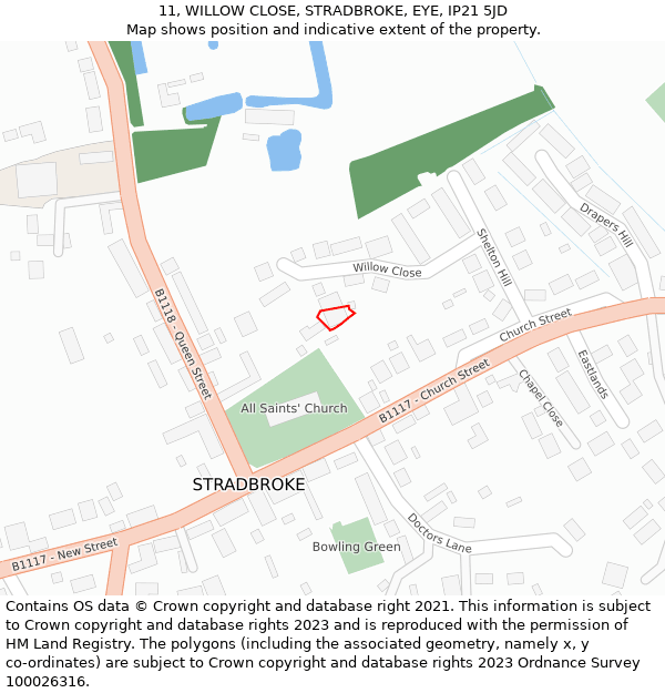 11, WILLOW CLOSE, STRADBROKE, EYE, IP21 5JD: Location map and indicative extent of plot