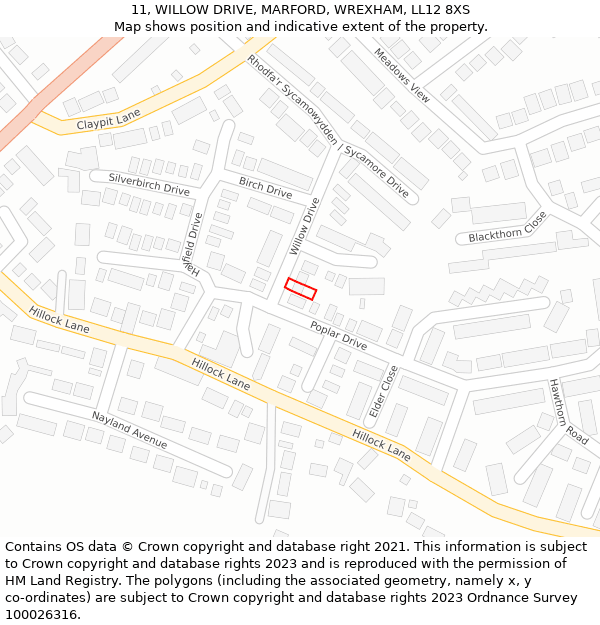 11, WILLOW DRIVE, MARFORD, WREXHAM, LL12 8XS: Location map and indicative extent of plot