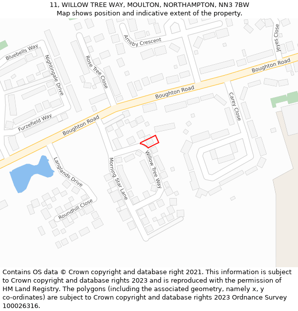 11, WILLOW TREE WAY, MOULTON, NORTHAMPTON, NN3 7BW: Location map and indicative extent of plot