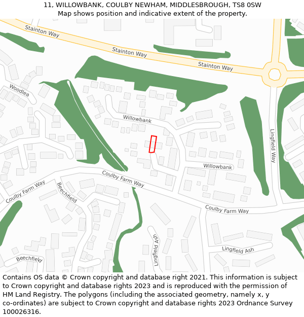 11, WILLOWBANK, COULBY NEWHAM, MIDDLESBROUGH, TS8 0SW: Location map and indicative extent of plot