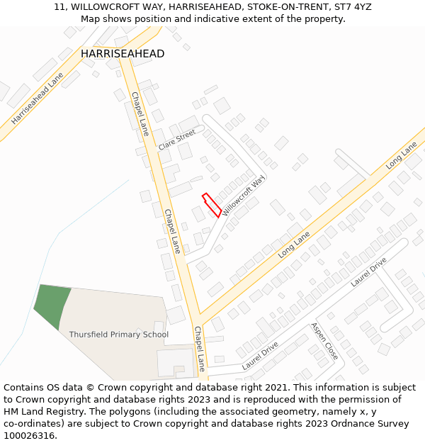 11, WILLOWCROFT WAY, HARRISEAHEAD, STOKE-ON-TRENT, ST7 4YZ: Location map and indicative extent of plot