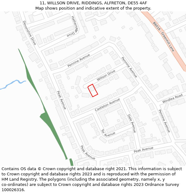 11, WILLSON DRIVE, RIDDINGS, ALFRETON, DE55 4AF: Location map and indicative extent of plot