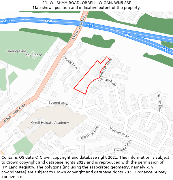 11, WILSHAM ROAD, ORRELL, WIGAN, WN5 8SF: Location map and indicative extent of plot