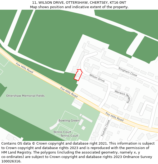 11, WILSON DRIVE, OTTERSHAW, CHERTSEY, KT16 0NT: Location map and indicative extent of plot