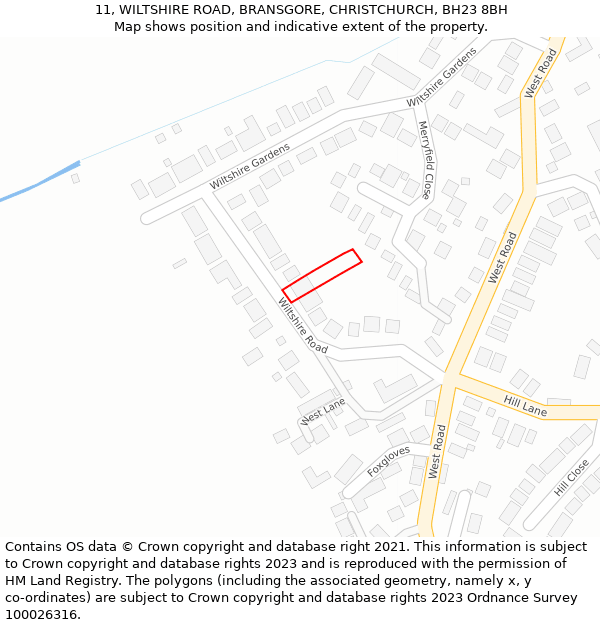 11, WILTSHIRE ROAD, BRANSGORE, CHRISTCHURCH, BH23 8BH: Location map and indicative extent of plot