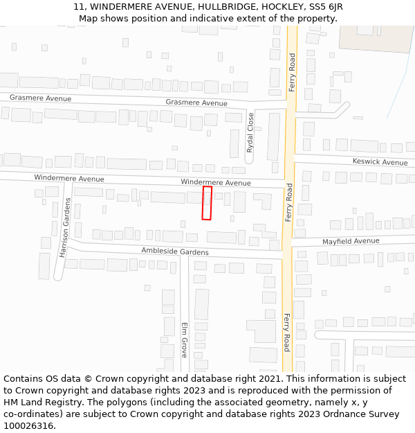 11, WINDERMERE AVENUE, HULLBRIDGE, HOCKLEY, SS5 6JR: Location map and indicative extent of plot