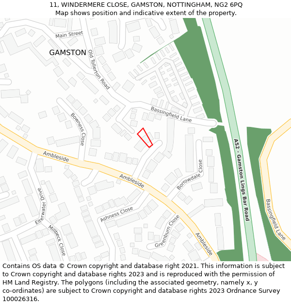 11, WINDERMERE CLOSE, GAMSTON, NOTTINGHAM, NG2 6PQ: Location map and indicative extent of plot