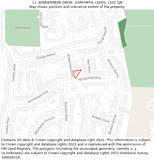 11, WINDERMERE DRIVE, GARFORTH, LEEDS, LS25 1JN: Location map and indicative extent of plot