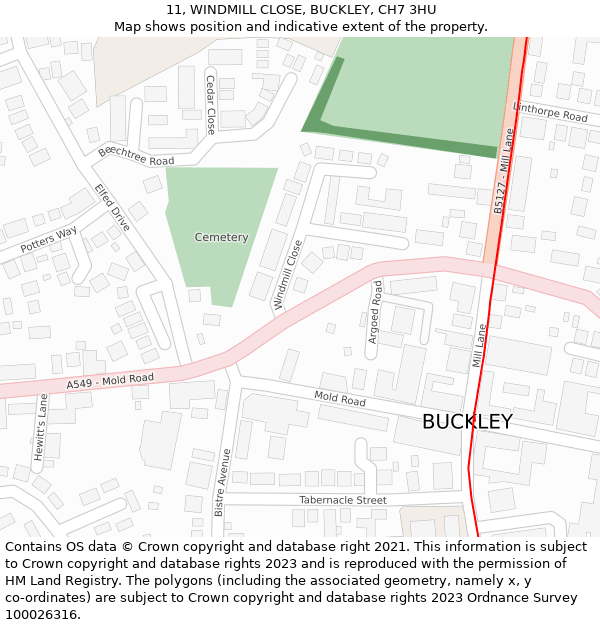 11, WINDMILL CLOSE, BUCKLEY, CH7 3HU: Location map and indicative extent of plot