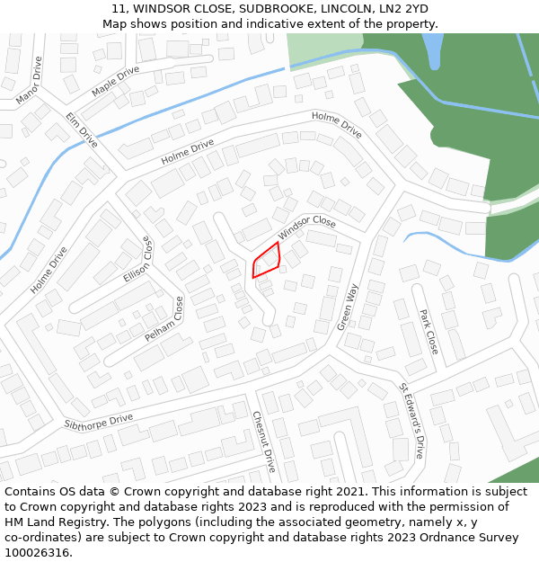11, WINDSOR CLOSE, SUDBROOKE, LINCOLN, LN2 2YD: Location map and indicative extent of plot